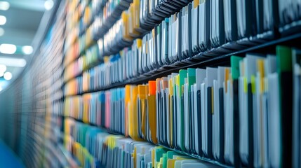 A vast collection of color-coded files is neatly organized on modern shelving units in a large archive room.