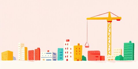 A Colorful Cityscape Under Construction, featuring buildings, construction crane and a pink sky.