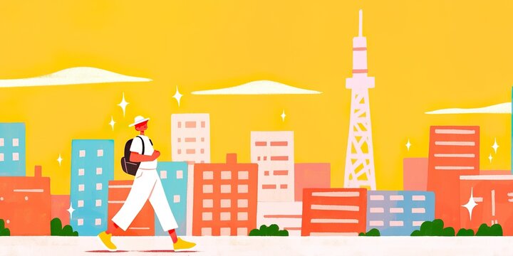 A lone traveler exploring an urban cityscape, immersed in a vibrant cartoon-style illustration that evokes the energy of travel and discovery. - Powered by Adobe