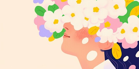 A woman in a floral illustration, her features softened by the delicate blooms crowning her head, suggesting peace and serenity.