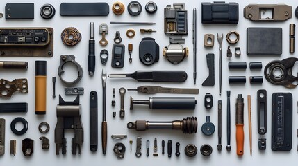 A meticulously arranged flat lay showcasing an assortment of diverse mechanical parts tools and components on a clean white background.