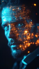 A man's face is projected onto a screen with a cityscape in the background