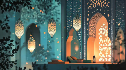 Arabic courtyard with lanterns at night