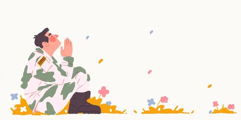 Fototapeta premium A contemplative figure sits in a field of blossoms, gazing upwards with clasped hands, lost in thought in a whimsical illustration, expressing serenity.