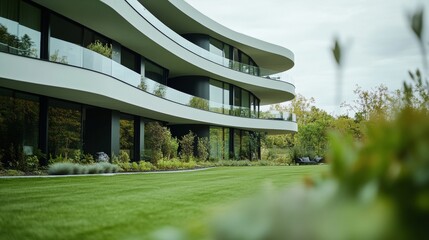 A high-resolution exterior shot of a modern apartment building with sleek, curved balconies and large glass windows, surrounded by lush green landscaping and neatly arranged plants, minimalistic archi