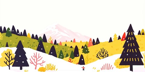 Fototapeta premium A cartoonish landscape showcases rolling hills dotted with evergreen trees, suggesting a whimsical, artistic interpretation of a scenic natural environment.