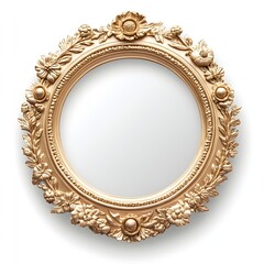 A luxurious gold ornate round mirror frame with floral detailing sits against a clean white background perfect for design projects.