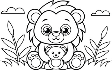 Cute Cartoon Lion Hugging a Teddy Bear in Line Art with a Transparent Background