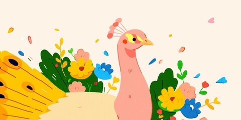 Obraz premium A whimsical peacock amidst a flourishing garden. This illustration embodies nature's beauty and artistic flair.