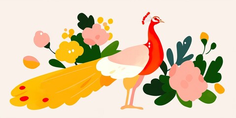 A Vibrant Peacock amidst Lush Blooms, Showcasing Colorful Beauty.