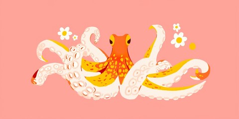 A vibrant, stylized octopus, adorned with a mix of orange and white colors. The octopus is artfully designed and set against a blush background, The playful illustration invokes a sense of joy.