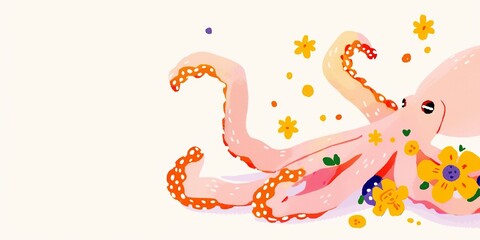 A whimsical illustration features a charming octopus adorned with flowers, exuding a playful and joyful vibe, perfectly captures the whimsical spirit.