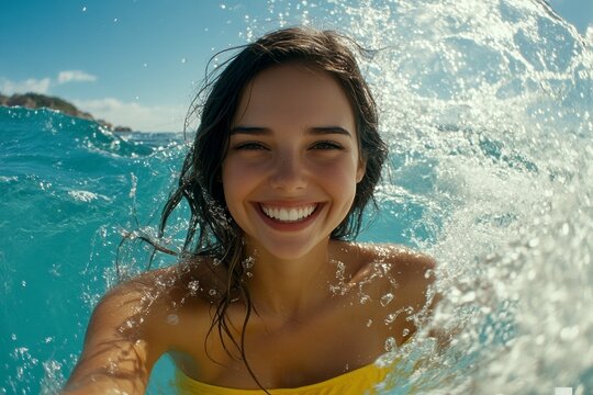 Bright &Ntilde;ommercial style. Pretty happy and sexy young woman with gorgeous thick middle brown hair in yellow strapless bandeau enjoying turquoise sea, splashes around her. Hot summer beach scene.