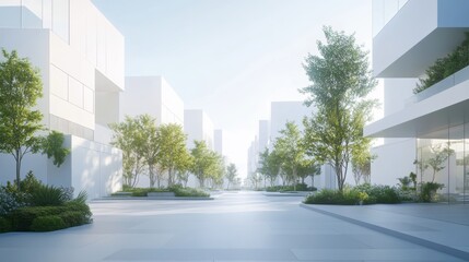 A serene wide empty white street with a lot of vegetation and trees, surrounded by high sleek white organic diverse buildings, modern design, soft lighting, sunny mood, high detail, minimalistic compo