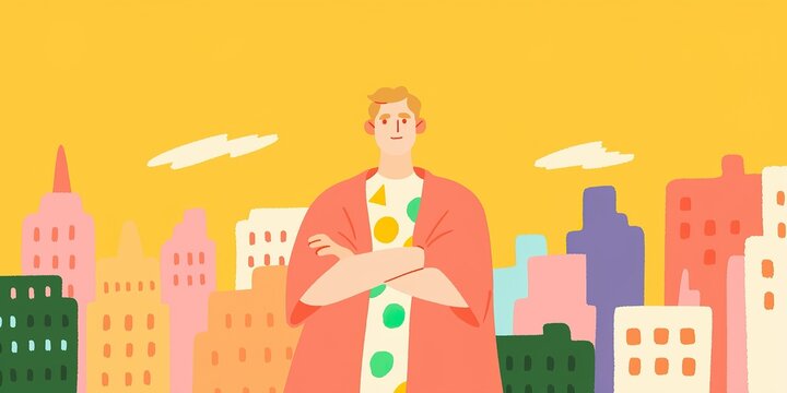 A stylish individual stands confidently before a cityscape in a vibrant illustration, conveying a sense of urban empowerment and individual style.