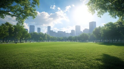 A vibrant park with lush green grass, illuminated by bright and warm sunlight from a sunny day, with minimal shadows on the ground, creating an open and airy feel