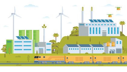 Fototapeta premium Sustainable Green Energy & Industry Vector Illustration Landscape with Hydropower Dam, Solar Panels, and Wind Turbines. Fully Editable and Modular Elements. 