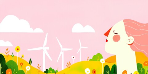 Naklejka premium A serene cartoon woman finds peace amidst wind turbines, symbolizing sustainability and harmony.