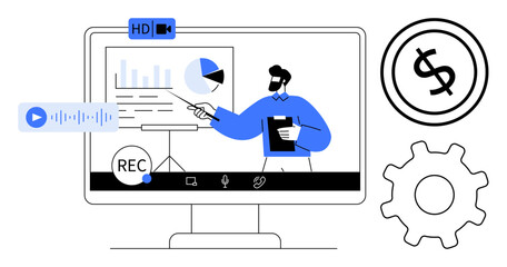 Businessman presenting financial data via live video conference on a monitor. Includes audio recording, charts, gear, and dollar signs. Ideal for online learning, webinars, remote work, business