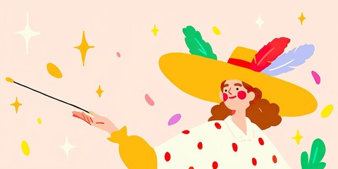An enchanting illustration of a cheerful figure holding a magic wand, radiating an aura of charm and wonder with the whimsical touch of the style.