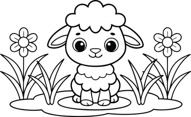Cartoon Lamb with Flowers in Outline Style, Transparent Background,