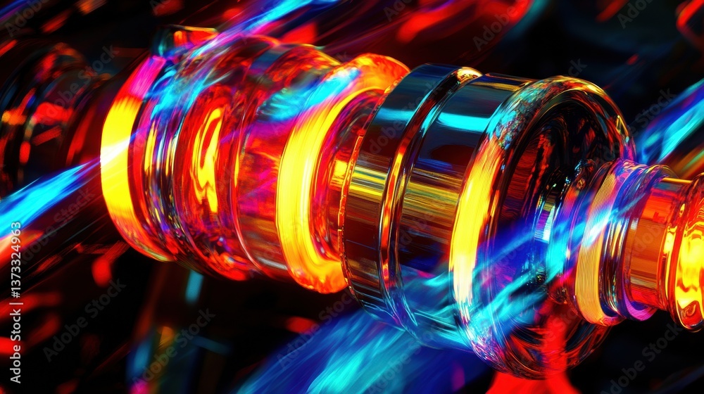 Poster Close-up view of a high-tech engine piston with vibrant gasoline flow and neon highlights creating a dynamic automotive aesthetic