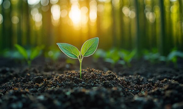 New life concept young plant sprout growing in soil, a small seedling showing growth and new leaves in the spring earth