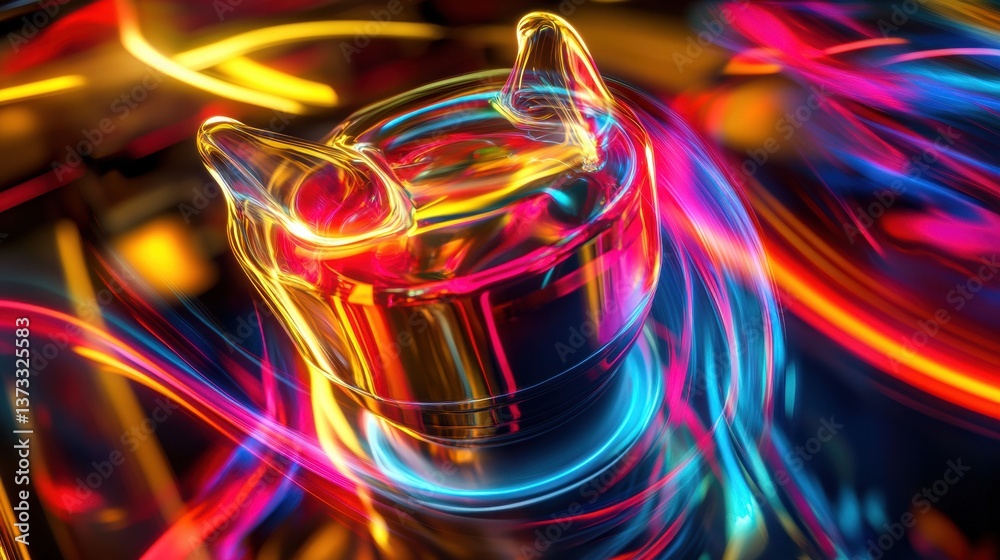 Poster close-up view of a high-tech engine piston with gasoline flowing and vibrant neon highlights