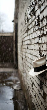 Fototapeta White Panama Hat on a Weathered Brick Wall in the Rain