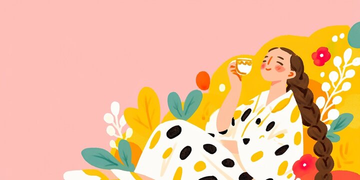A woman enjoying tea and a moment of peace within a vibrant botanical setting.