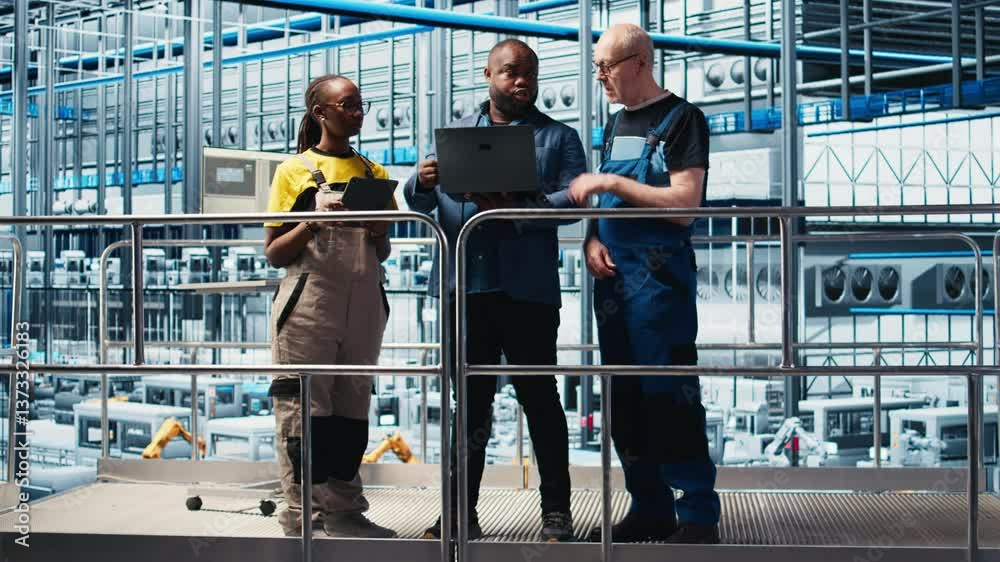 Poster smart factory manager discussing with employees automated workflow implementation. supervisor overse