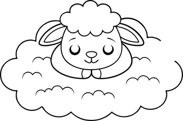 Cute Line Art Lamb Sitting on Cloud with Smiling Expression on transparent background