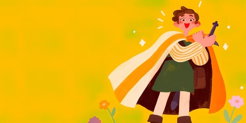 An illustrated figure stands with a triumphant expression, holding a sword. The warm and inviting background complements the figure.