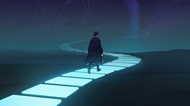 Journey of a Man: A lone figure, cloaked in contemplation, strides purposefully along a luminous path, leading towards an unknown horizon. This evocative scene.