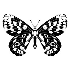 Apollo butterfly. Parnassius apollo. Animal insect design. Black and white silhouette.