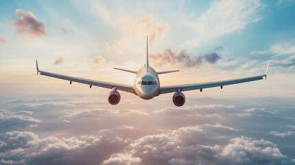 Obraz premium 夕焼けの空を背景に飛行機が離陸・着陸する空港の風景空を飛ぶ旅客機