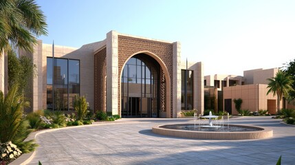 Three-dimensional rendering of the entrance to an apartment building in Saudi Arabia, featuring modern and contemporary architecture with stone material details on its facade, large windows for natura