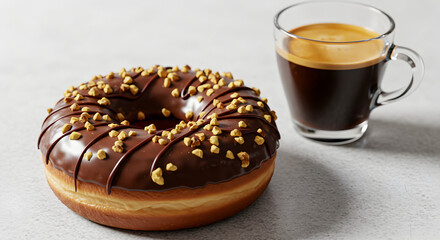 A delicious chocolate donut with nuts and a cup of espresso on a white surface for a tasty treat
