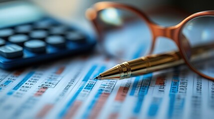 Fototapeta premium many graphs charts glasses calculator and pen on reflection background reviewing business data