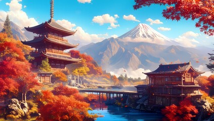 A beautiful Japanese temple surrounded by mountains, with vibrant red and orange trees in the background. 