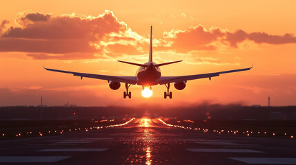 夕焼けの空を背景に飛行機が離陸・着陸する空港の風景空を飛ぶ旅客機