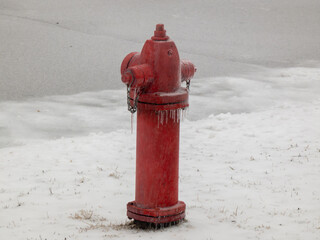 A red fire hydrant in the freezing rain