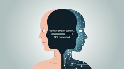 Mind Evolution: A visual metaphor illustrating the process of updating belief systems, depicted as a human head transforming into a network of digital connections.