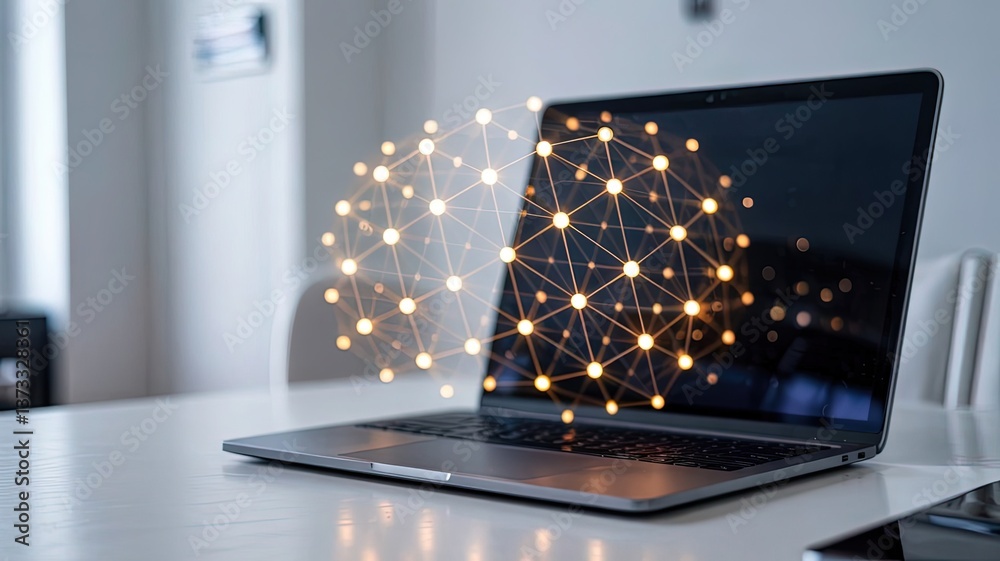 Wall mural digital connectivity: a modern laptop, its screen illuminated with a luminous digital network. a rep