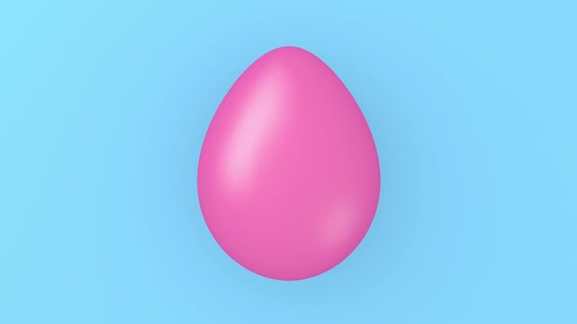 Single pink Easter Egg rolling over blue background cracking open the delicate eggshell. Easter egg shell bursting apart and breaking like a hatching egg. 3d render animation with alpha channel.