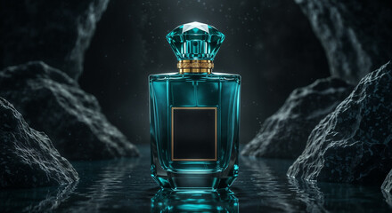 Elegant Blue Perfume Bottle Amidst Starry Night Landscape