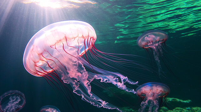 Graceful jellyfish floating elegantly in the ocean waters with bioluminescent glow creating a mesmerizing underwater display of nature. - Powered by Adobe