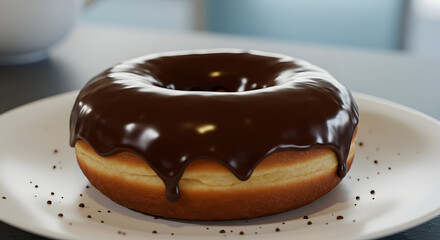 A delicious chocolate glazed donut sitting on a white plate with a blurred background image
