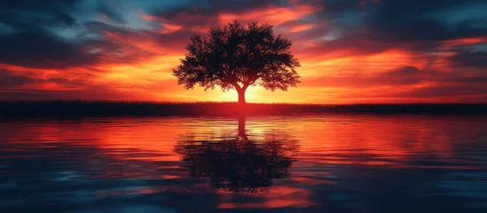 Tableau sur plexiglas  Solitary tree sunset reflection tranquil lake  © Rania