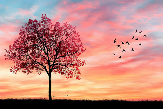 Silhouette of a Red Tree at Sunset with Birds Flying